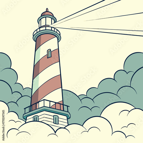 A classic striped lighthouse stands tall amidst stylized clouds projecting a bright beam of light across the sky