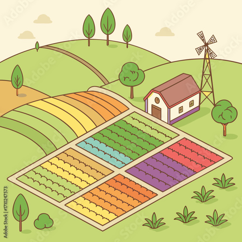 A charming isometric illustration of a colorful farm with fields of crops a barn and a windmill on a sunny day