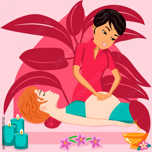 Massage for pregnant. Therapy and treatment by professional therapist in SPA. Isolated flat vector illustration. Eastern and European ethnicity.