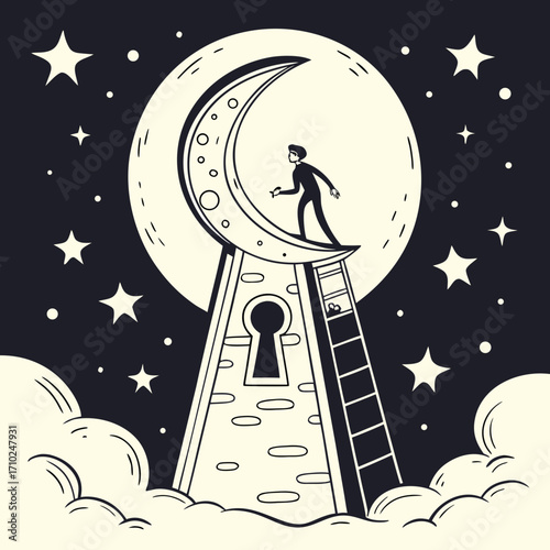 A person climbs a ladder to reach a crescent moon atop a tower with a keyhole during a starry night
