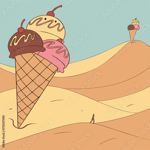 A solitary figure walks through a surreal desert landscape dotted with giant ice cream cones and a distant smaller cone