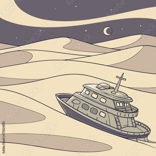 A stranded yacht rests on undulating sand dunes under a starry night sky with a crescent moon