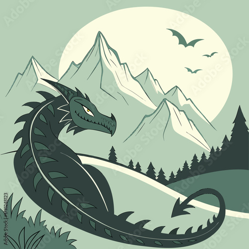 A stylized dark green dragon with yellow eyes rests in a mountainous landscape under a pale moon