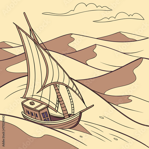 A stylized illustration of a traditional dhow sailing across vast sand dunes under a cloudy sky