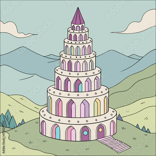 A whimsical pastel colored tower with arched windows and a pointed roof stands tall on a grassy hill
