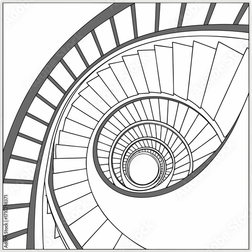 Abstract black and white spiral staircase viewed from above creating a dizzying optical illusion effect
