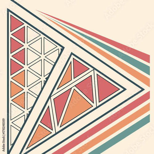 Abstract geometric pattern with colorful triangles and retro stripes in a modern minimalist design