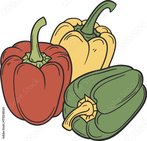 Red, Yellow, and Green Bell Peppers – Fresh Colorful Vegetables Isolated on White Background