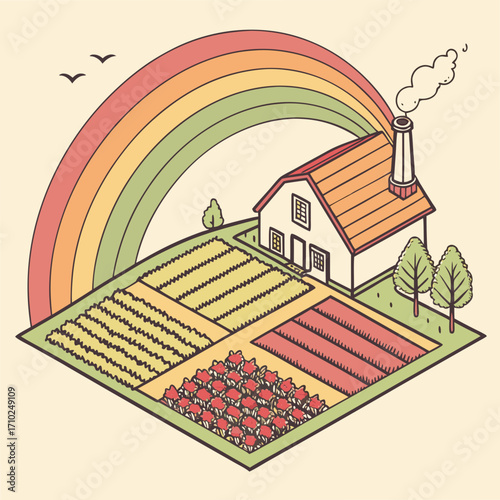 Charming isometric illustration of a farm house with a rainbow overhead and fields of crops below