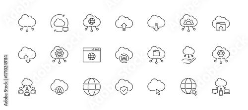 Cloud Icon set containing cloud services, synchronization, cloud computing, download, upload, SaaS, digital, online, public cloud, internet and IoT vector icons