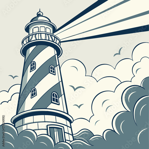 Classic striped lighthouse on a stormy sea with dramatic clouds and soaring seagulls casting a guiding light beam