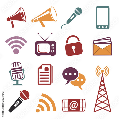 Collection of communication and media icons including megaphones microphones television wifi signal lock envelope document chat bubbles and cell phone
