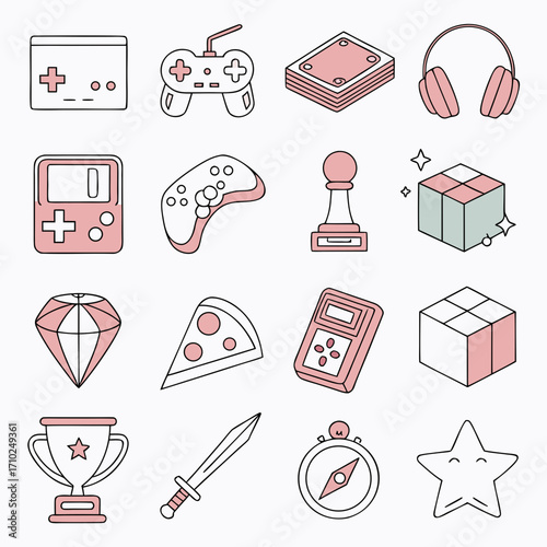 Collection of cute and colorful video game icons featuring controllers consoles and other popular gaming elements