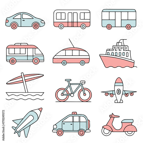 Collection of cute cartoon vehicles and transportation icons including car bus boat airplane bike scooter rocket and beach umbrella