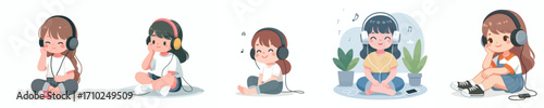 vector of a little girl sitting on the floor listening to music on headphones
