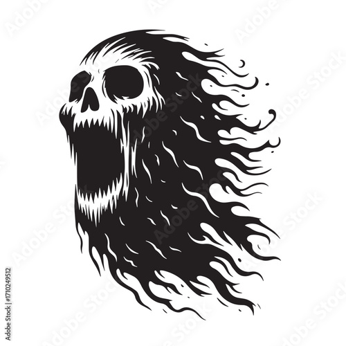 Black Spooky Ghost Face Silhouette Vector Illustration design, Solid White Background
