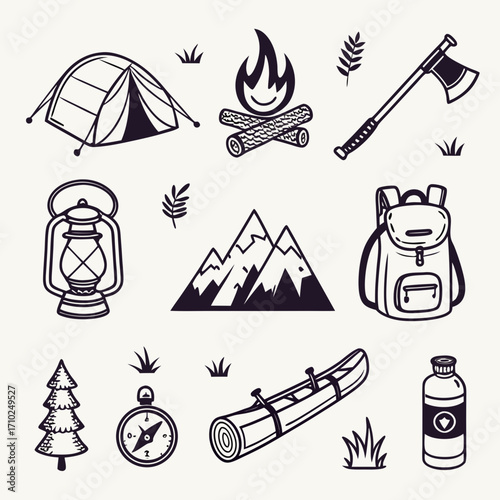 Collection of hand drawn camping and outdoor adventure icons including a tent campfire axe backpack mountains lantern tree compass canoe and water bottle