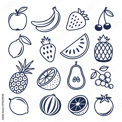 Collection of hand drawn doodle style fruits and vegetables isolated on a white background for design