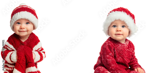 2 caucasian 6-9 months old christmas baby sitting in winter clothing and santa hat isolated over white (transparent) background