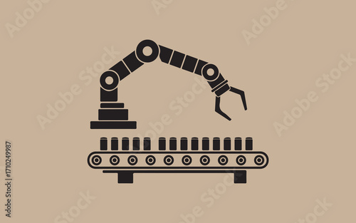 Industrial robot arm over a conveyor belt with products
