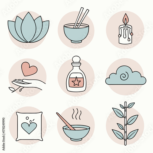 Collection of nine minimalist icons representing wellness self care and healthy living with a soothing color palette