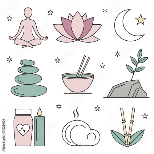 Collection of serene wellness and spa icons including meditation lotus flower moon balanced stones food bowl plant candle and bamboo
