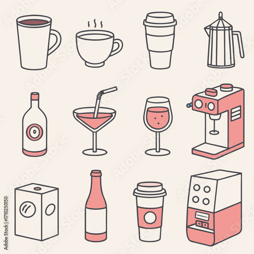 Collection of stylized beverage icons including coffee cups wine glass cocktail bottles and coffee machines on a light background