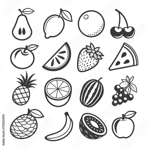 Collection of stylized black and white fruit icons including pear lemon orange cherries apple strawberry watermelon pineapple banana kiwi and grapes