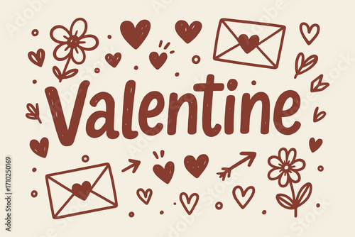 Hand drawn valentine s day illustration with hearts flowers and envelopes in a whimsical style