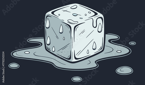 Melting Ice Cube with Water Droplets on Dark Surface