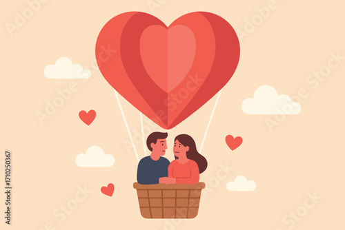 Romantic couple embracing in a heart shaped hot air balloon above the clouds