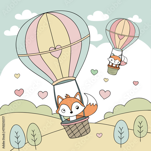Cute cartoon foxes enjoying a whimsical adventure flying in colorful hot air balloons over a pastel landscape with hearts