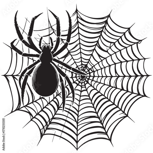Black Spider and Web Silhouette Vector Illustration design, Solid White Background