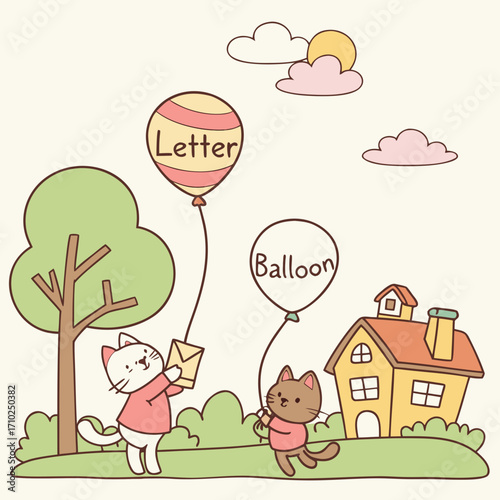 Cute cartoon cats with balloons and a letter in a whimsical outdoor scene with a house and tree