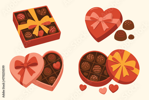 Assortment of valentine s day chocolate boxes and individual chocolates in heart shapes