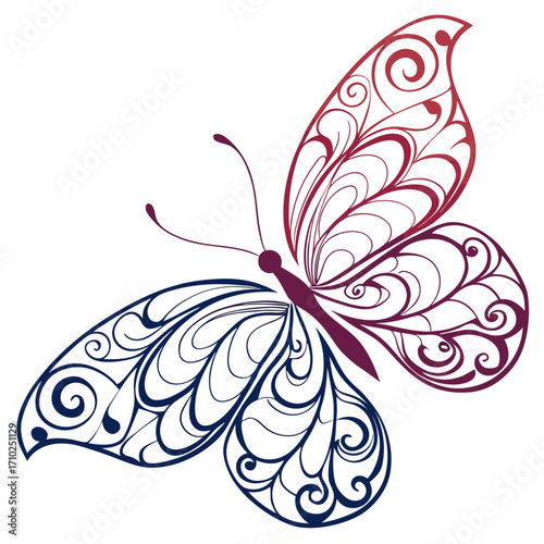 Elegant ornate butterfly silhouette with swirling patterns in blue and red gradient colors