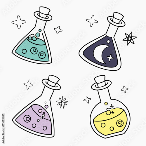 Four colorful cartoon potion bottles with stars and magical elements on a white background