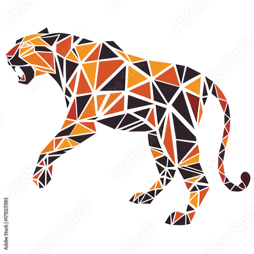 Geometric abstract tiger silhouette roaring with sharp triangles in orange black and red tones