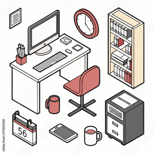 Isometric illustration of a modern office workspace with desk computer chair filing cabinet bookshelf and desk accessories