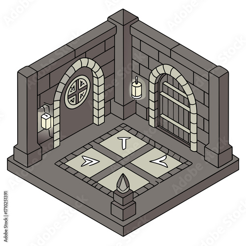 Isometric view of a dark stone dungeon room with arched doorways a barred gate and a patterned floor with symbols and a t