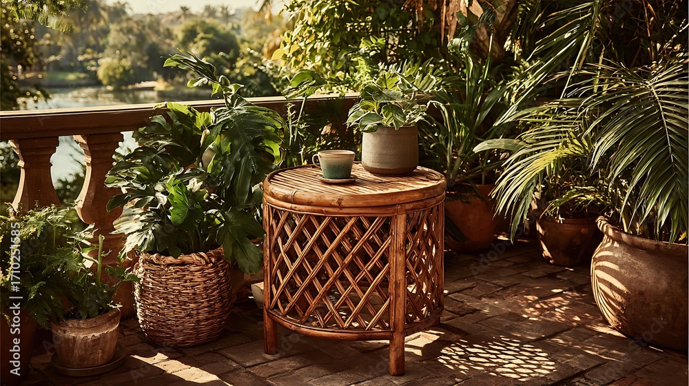 Fototapeta premium Outdoor bamboo furniture set in green garden high resolution picture