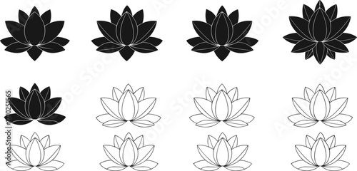 Lotus flower silhouette and outline vector set, black and white floral icons, sacred lotus illustration, meditation yoga symbol, design