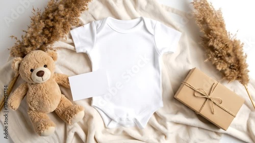 Baby bodysuit with teddy bear, and gift and card.