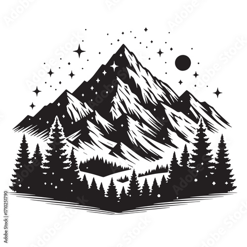 Black Snowy Mountain Silhouette Vector Illustration design, Solid White Background