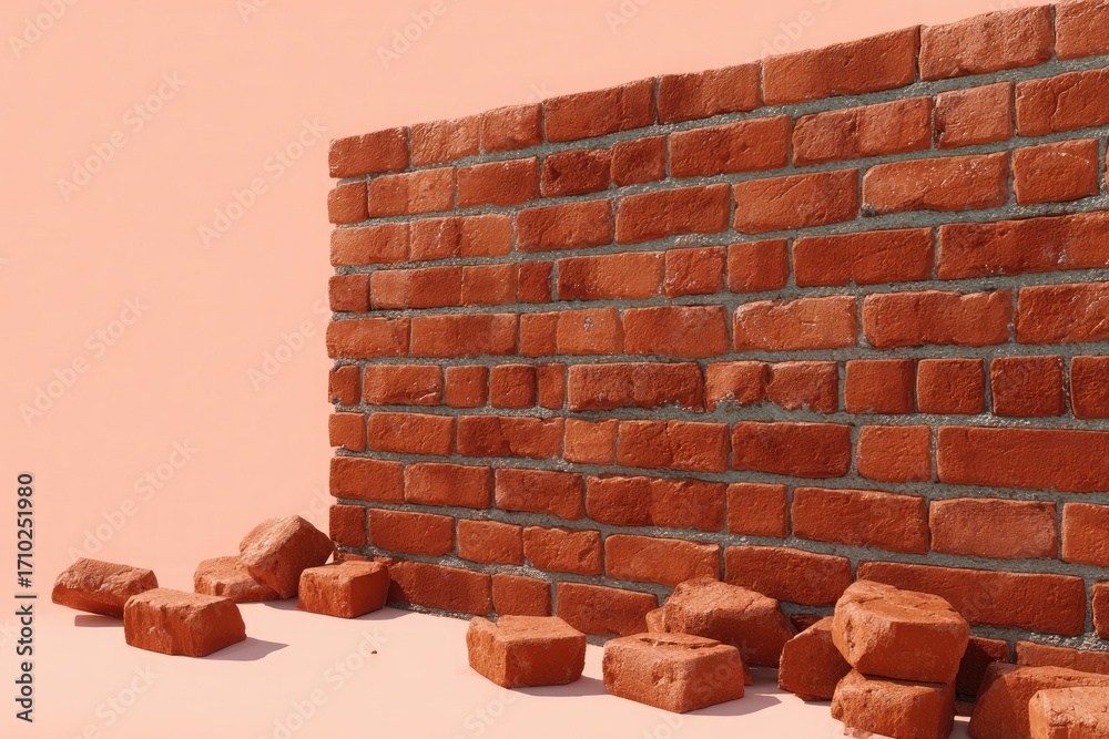 Obraz premium Brick Wall with Falling Bricks on Pink Background broken