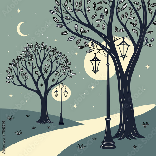 Serene night park scene with silhouetted trees vintage lampposts a crescent moon and twinkling stars