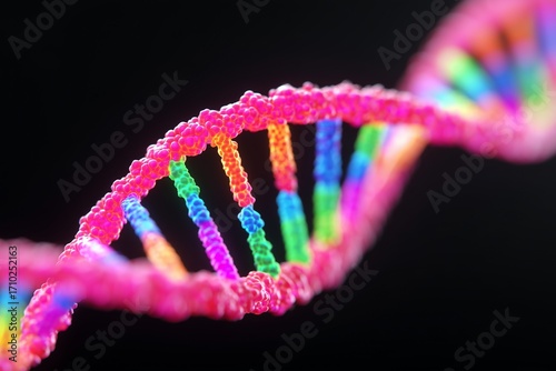 Glowing DNA helix rendered in vibrant neon colors, showcasing intricate details and luminous strands, representing the essence of genetic science and innovation