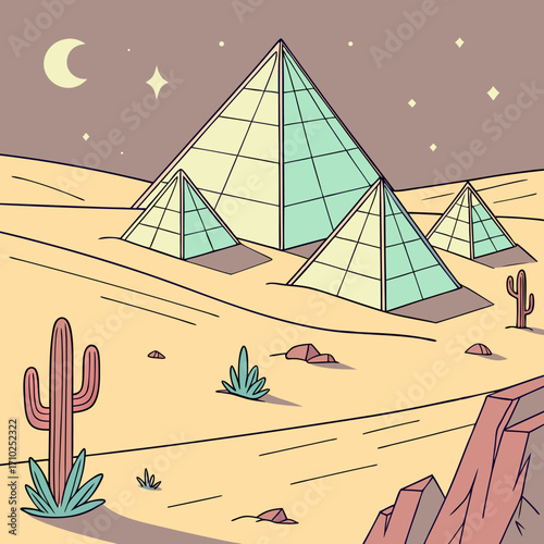 Stylized desert landscape at night featuring glass pyramids under a crescent moon and stars with cacti and dunes
