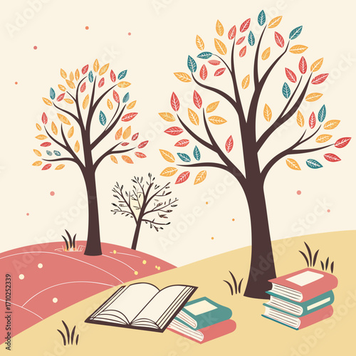 Stylized autumn trees with colorful leaves and books scattered on a hillside