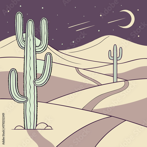 Stylized desert landscape at night with a crescent moon stars shooting stars and saguaro cacti under a purple sky